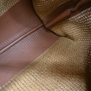 Tan Raffia Leather Trim Beaded Tote Bag