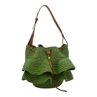 LOEWE | Green Raffia Ruffled Balloon Bucket Shoulder Bag