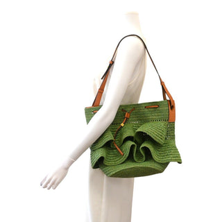 LOEWE | Green Raffia Ruffled Balloon Bucket Shoulder Bag