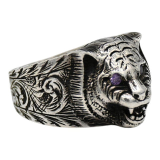 Garden Feline Head Sterling Silver Ring with Purple Crystals