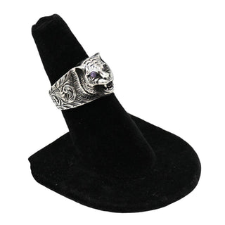 Garden Feline Head Sterling Silver Ring with Purple Crystals