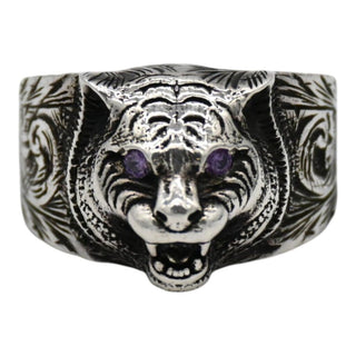 Garden Feline Head Sterling Silver Ring with Purple Crystals