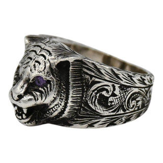 Garden Feline Head Sterling Silver Ring with Purple Crystals