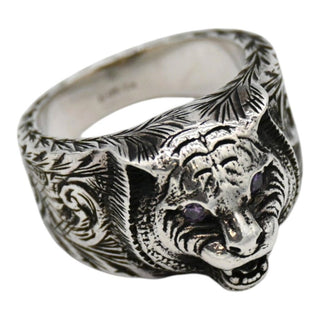 Garden Feline Head Sterling Silver Ring with Purple Crystals