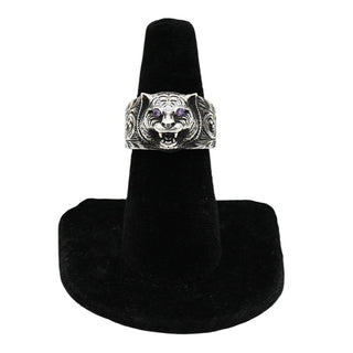 Garden Feline Head Sterling Silver Ring with Purple Crystals