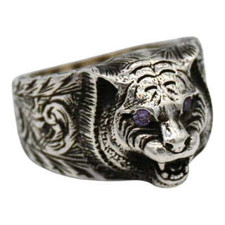 Garden Feline Head Sterling Silver Ring with Purple Crystals