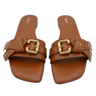 Mae Tan Leather Buckle Slide Sandals