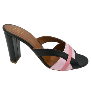 Black & Pink Leather Heeled Mule Sandals
