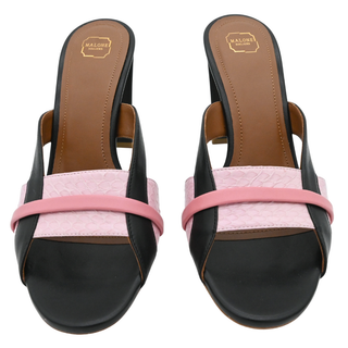 Black & Pink Leather Heeled Mule Sandals