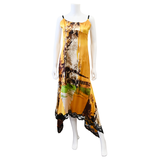 Scenic Print Asymmetric Lace-Trim Slip Midi Dress