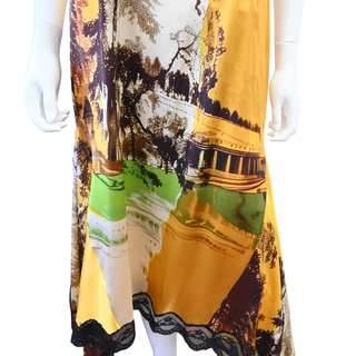 Scenic Print Asymmetric Lace-Trim Slip Midi Dress