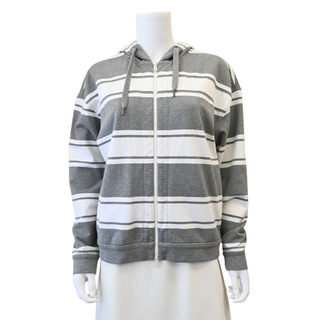 BRUNELLO CUCINELLI | Gray & White Striped Full Zip Hooded Jacket