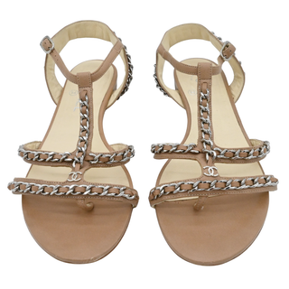 Beige Leather Chain-Trim T-Strap Flat Sandals