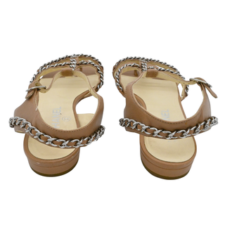 CHANEL | Beige Leather Chain-Trim T-Strap Flat Sandals