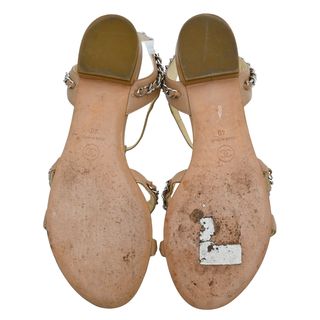 CHANEL | Beige Leather Chain-Trim T-Strap Flat Sandals
