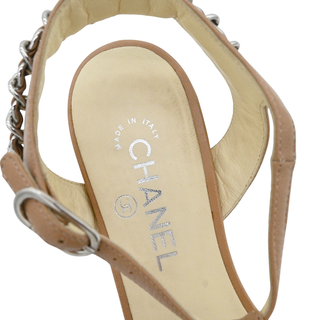 CHANEL | Beige Leather Chain-Trim T-Strap Flat Sandals