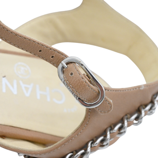 CHANEL | Beige Leather Chain-Trim T-Strap Flat Sandals