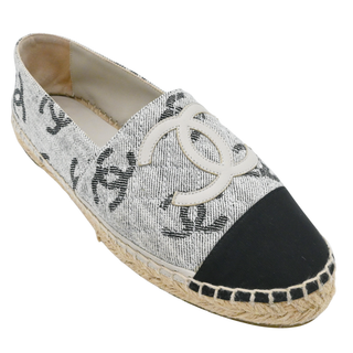 CHANEL | CC Logo White & Black Printed Canvas Espadrille Flats