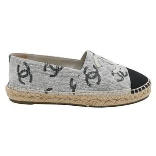 CHANEL | CC Logo White & Black Printed Canvas Espadrille Flats