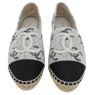 CHANEL | CC Logo White & Black Printed Canvas Espadrille Flats