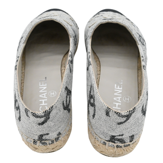 CHANEL | CC Logo White & Black Printed Canvas Espadrille Flats