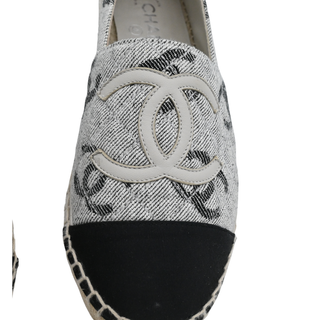 CHANEL | CC Logo White & Black Printed Canvas Espadrille Flats