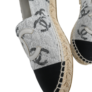CHANEL | CC Logo White & Black Printed Canvas Espadrille Flats