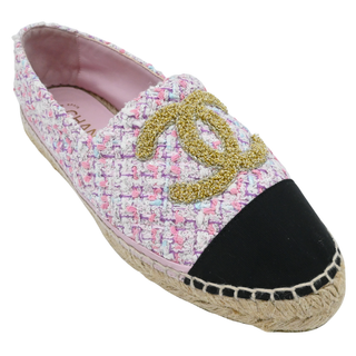 CHANEL | Metallic Gold CC Pink Multicolor Tweed Espadrille Flats