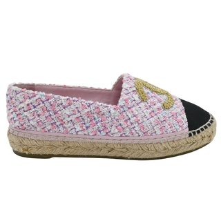 CHANEL | Metallic Gold CC Pink Multicolor Tweed Espadrille Flats
