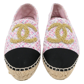 CHANEL | Metallic Gold CC Pink Multicolor Tweed Espadrille Flats