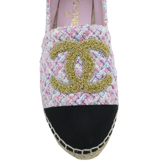 CHANEL | Metallic Gold CC Pink Multicolor Tweed Espadrille Flats