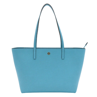 Light Blue Saffiano Leather Zip Top Tote Bag