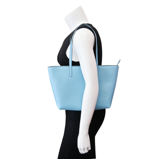 Light Blue Saffiano Leather Zip Top Tote Bag