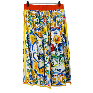Majolica Floral Print Cotton Midi Skirt