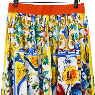 Majolica Floral Print Cotton Midi Skirt