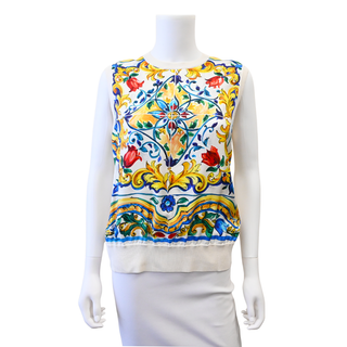 Majolica Print Silk Front Sleeveless Knit Top