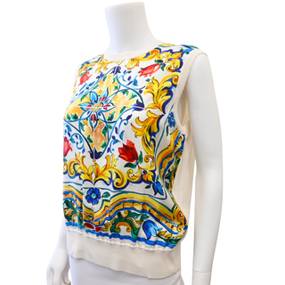 Majolica Print Silk Front Sleeveless Knit Top