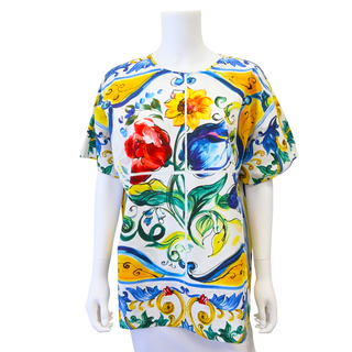 Majolica Floral Print Cotton Short Sleeve Tunic Top