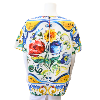 Majolica Floral Print Cotton Short Sleeve Tunic Top