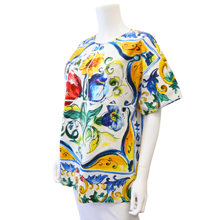 Majolica Floral Print Cotton Short Sleeve Tunic Top
