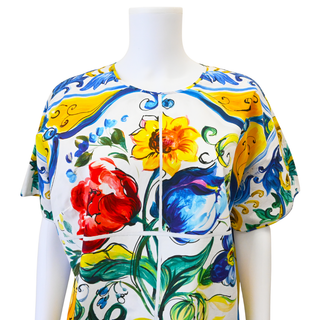 Majolica Floral Print Cotton Short Sleeve Tunic Top