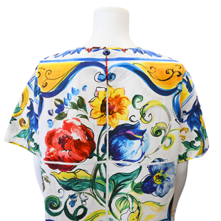 Majolica Floral Print Cotton Short Sleeve Tunic Top