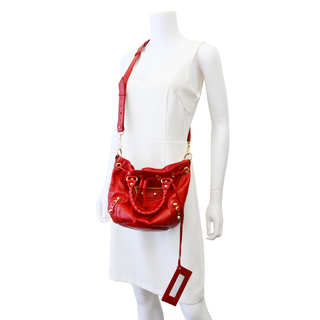 BALENCIAGA | Giant 12 Mini Pompon Red Leather Bucket Crossbody Bag