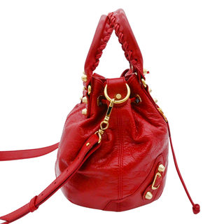 BALENCIAGA | Giant 12 Mini Pompon Red Leather Bucket Crossbody Bag