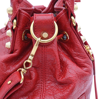 BALENCIAGA | Giant 12 Mini Pompon Red Leather Bucket Crossbody Bag