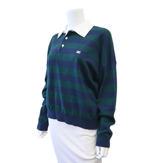Striped Wool Blend Long Sleeve Polo Sweater