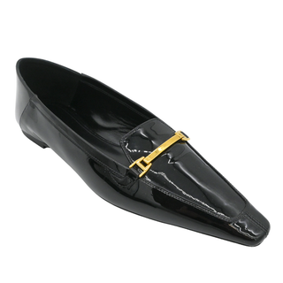 SAINT LAURENT | Black Patent Leather Gold Buckle Loafers