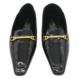 SAINT LAURENT | Black Patent Leather Gold Buckle Loafers