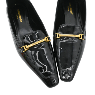 SAINT LAURENT | Black Patent Leather Gold Buckle Loafers