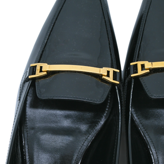 SAINT LAURENT | Black Patent Leather Gold Buckle Loafers